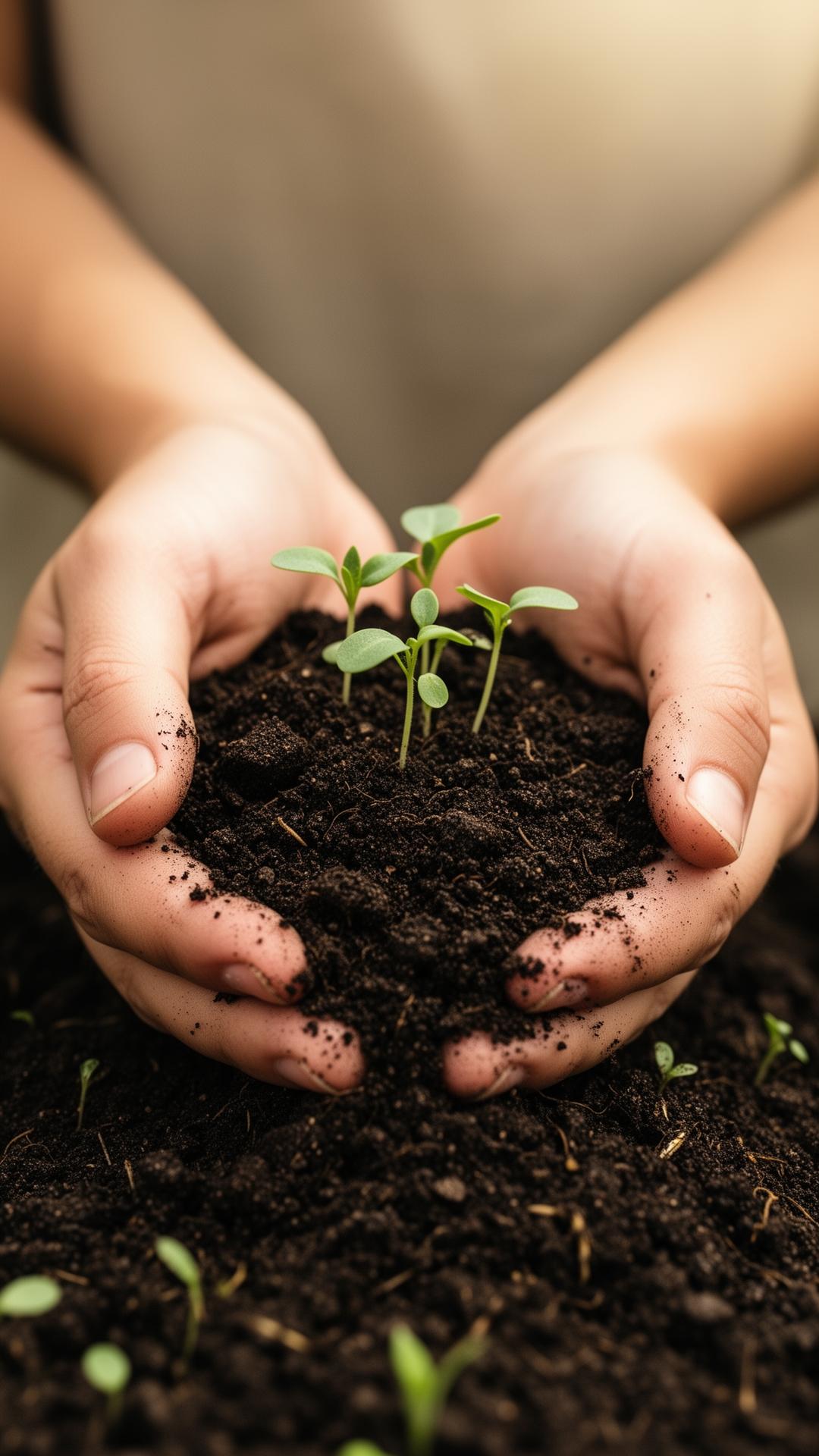 Hands holding rich dark soil with green seedlings