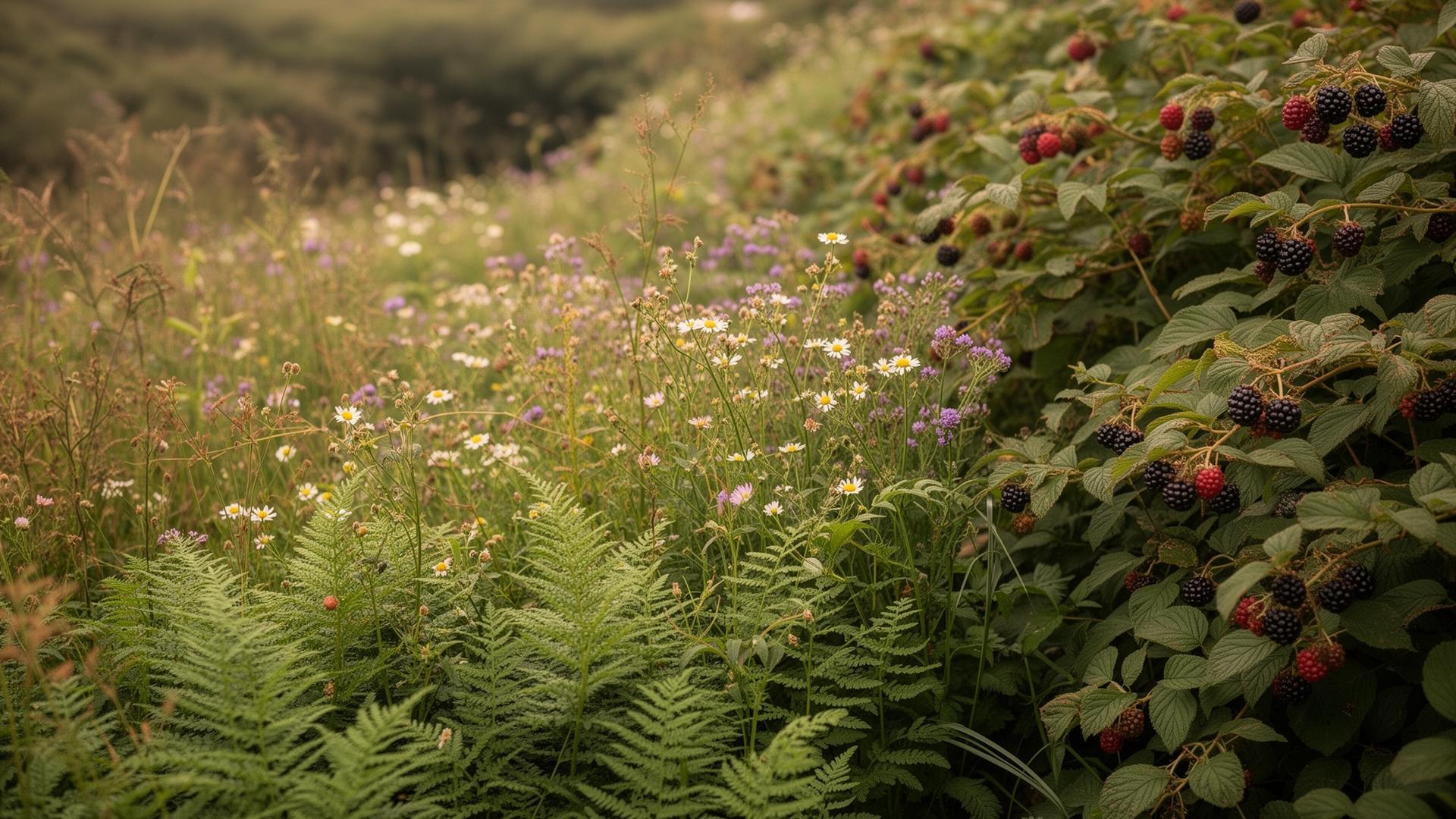 Wild Irish hedgerow with ferns, wildflowers and bramble berries