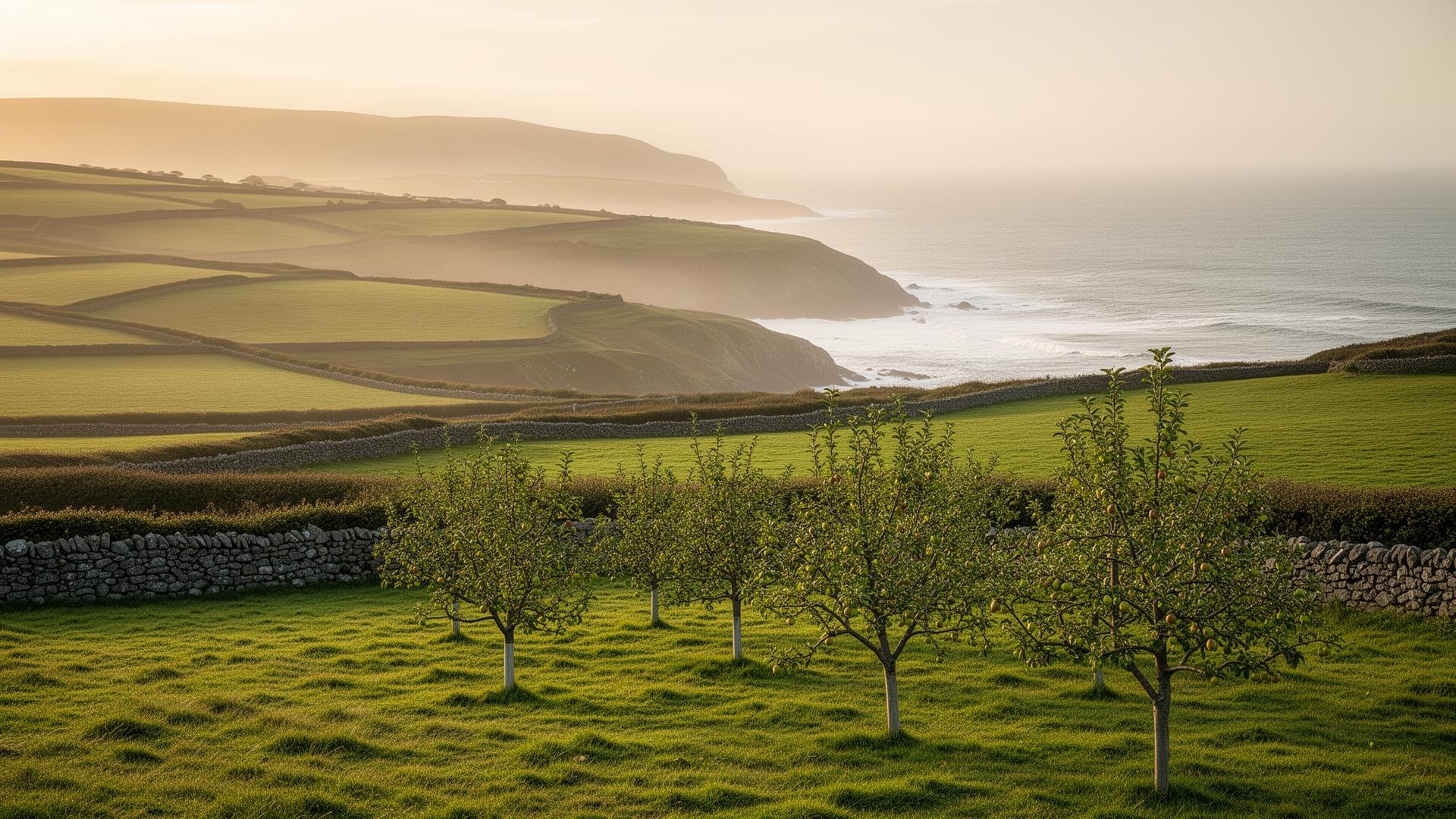 Apple orchard with stone walls overlooking the Atlantic coast of Ireland at golden hour