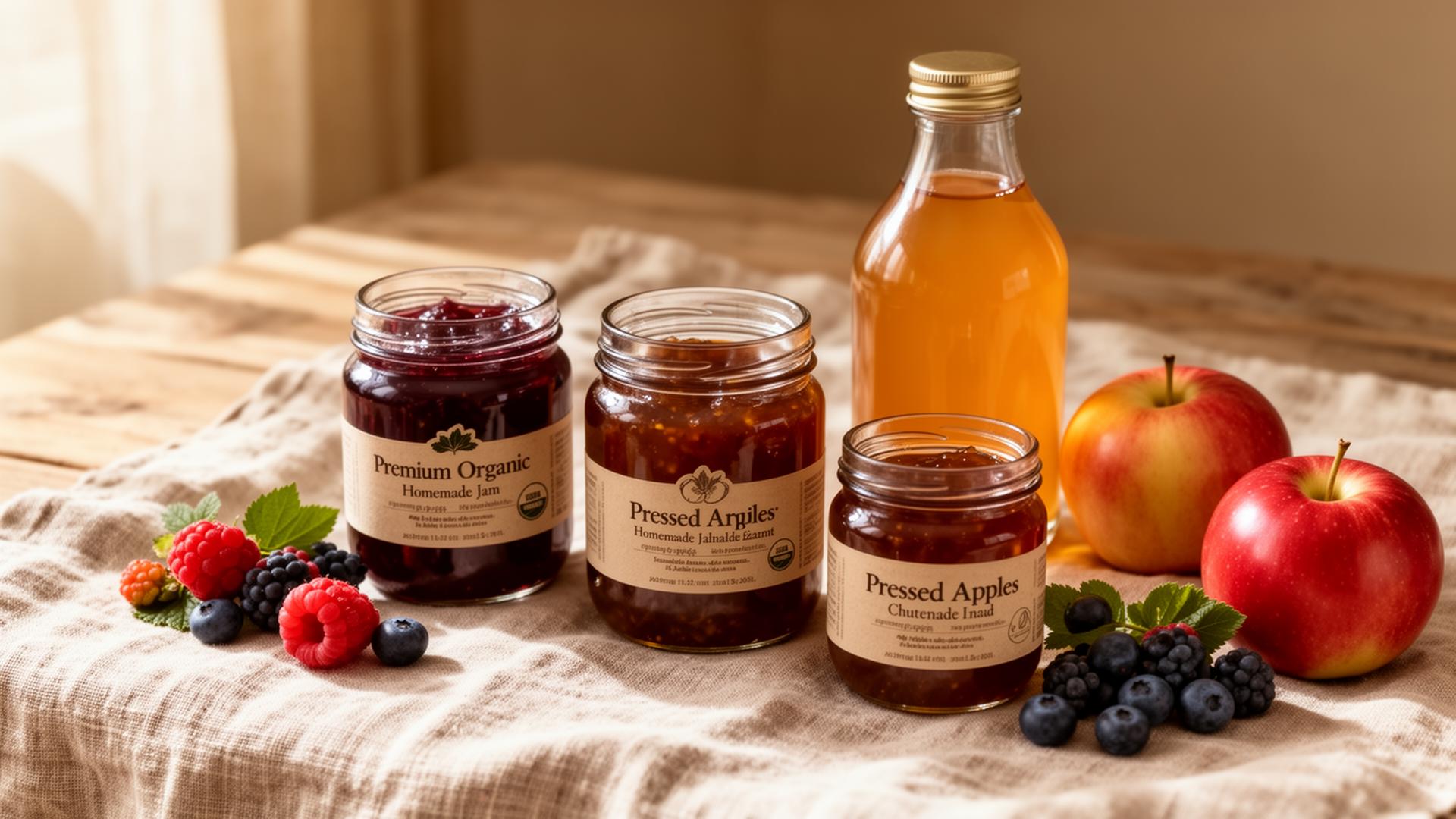 Handcrafted jars of jam and chutney with a bottle of pressed apple juice